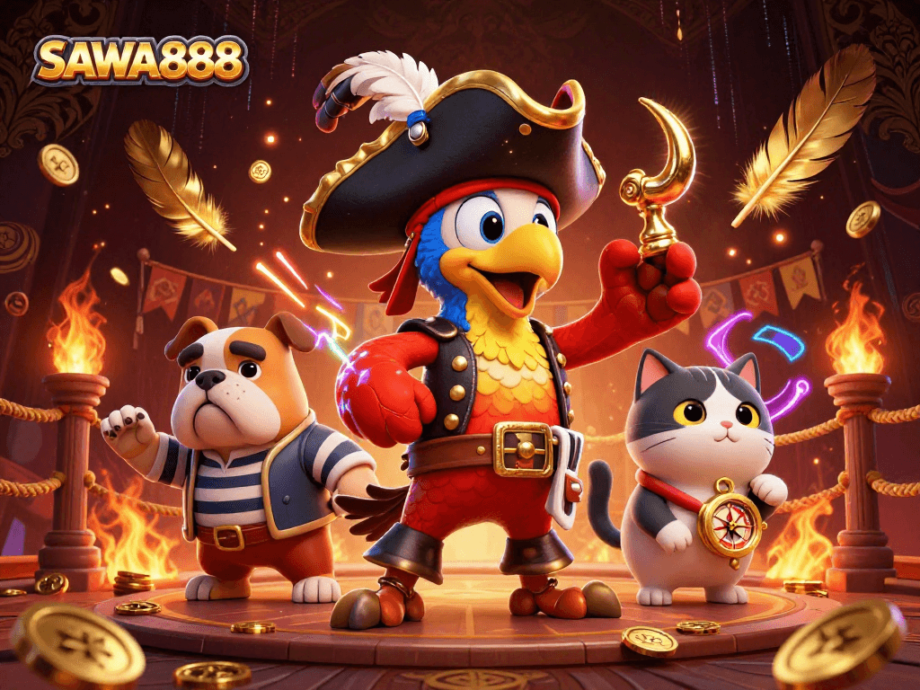 Experience exciting gameplay at SAWA888 with gold coins and pirate-themed characters vying for victory.