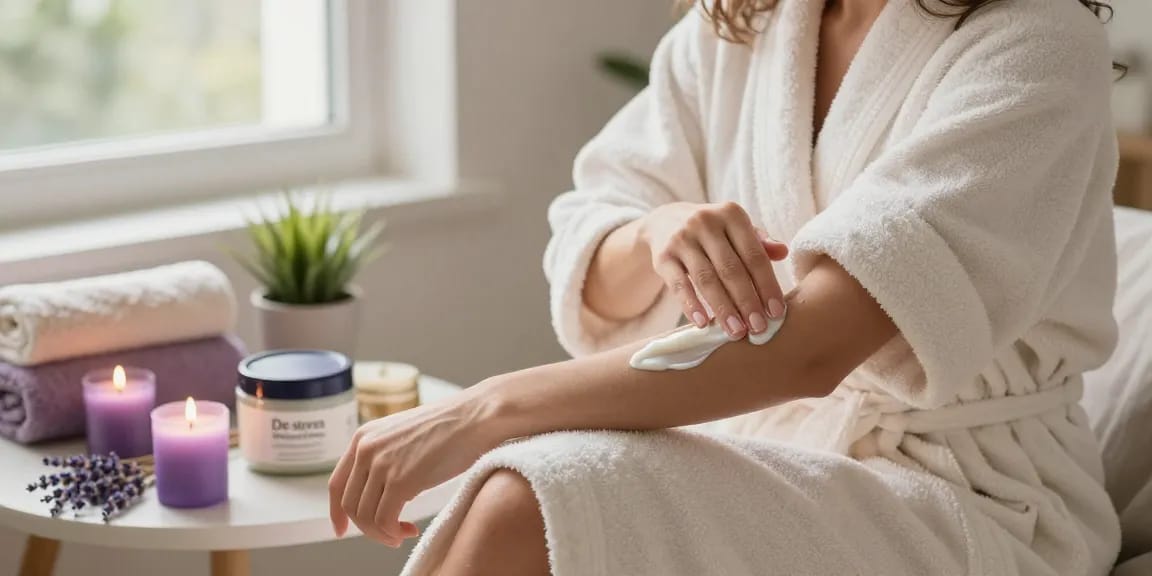 Applying De stress Whipped Body Butter in a serene home spa setting.