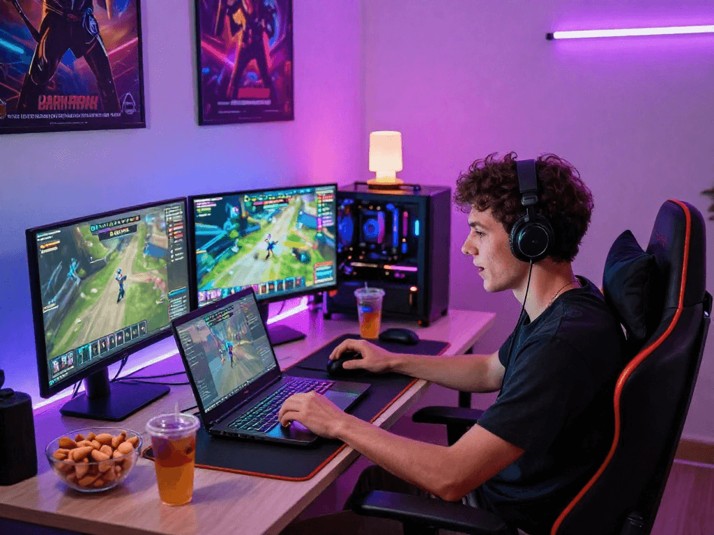 Engaging player enjoying online porn games on a gaming laptop in a vibrant home setup.