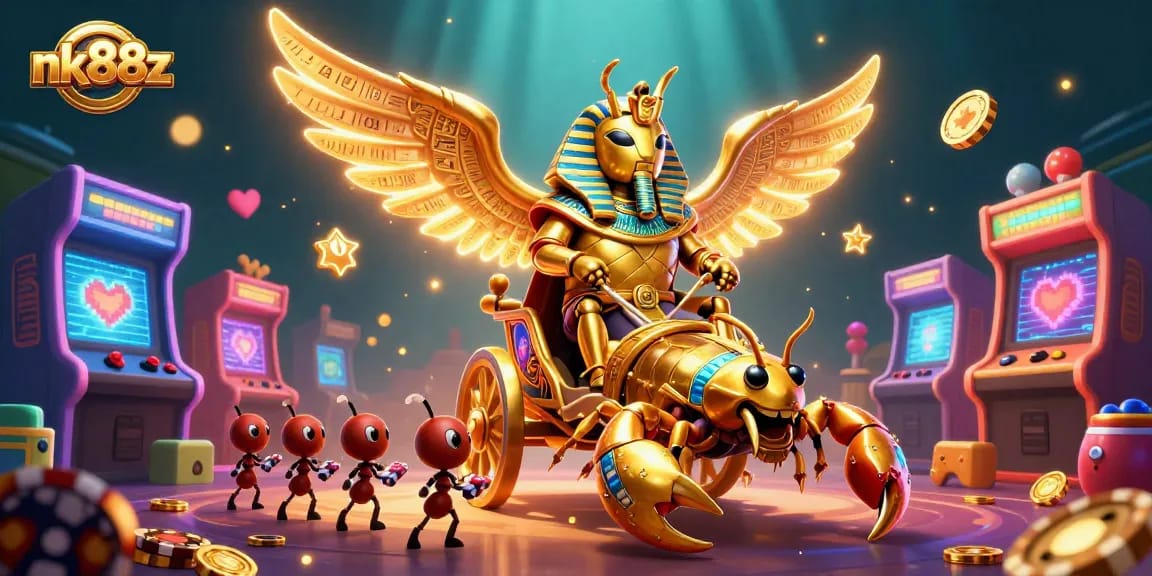 Experience thrilling adventures at nk88z with a colossal scarab beetle in a dynamic casino scene.