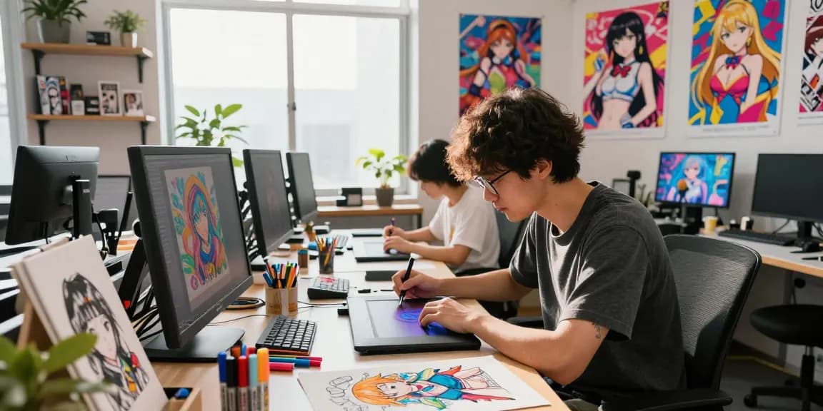 Creative artist designing ecchi AI art in a vibrant studio space, showcasing dynamic illustrations.