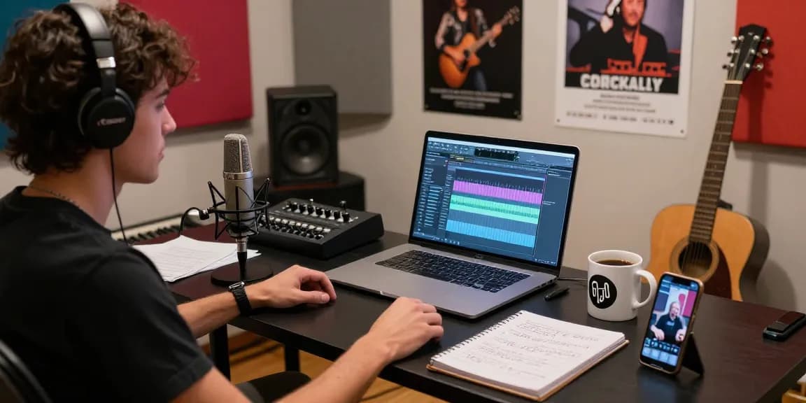 Independent artist engaging in digital music sales while recording in a vibrant home studio.