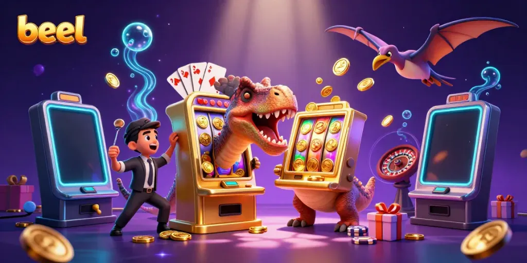 beel slot machine scene featuring a pachycephalosaurus winning coins with a casino manager and a pteranodon