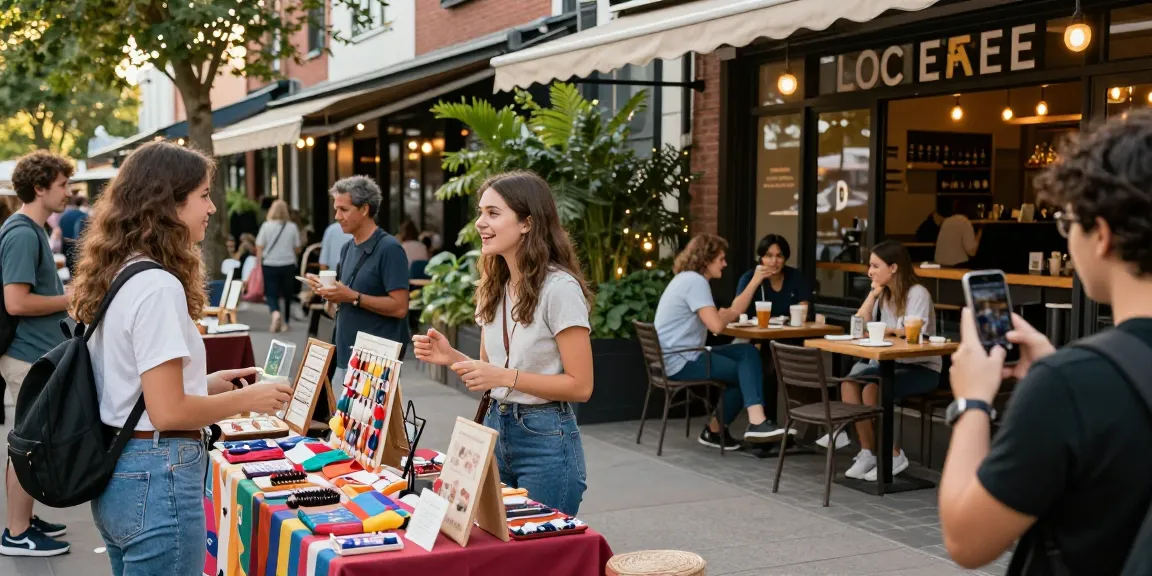 Engaging urban marketplace scene highlighting a local business discovery platform with diverse vendors and customers.
