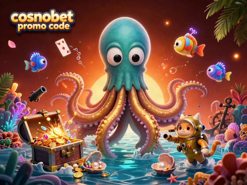Spin to win with Cosmobet promo code in a vibrant scene featuring cartoon characters and treasures.