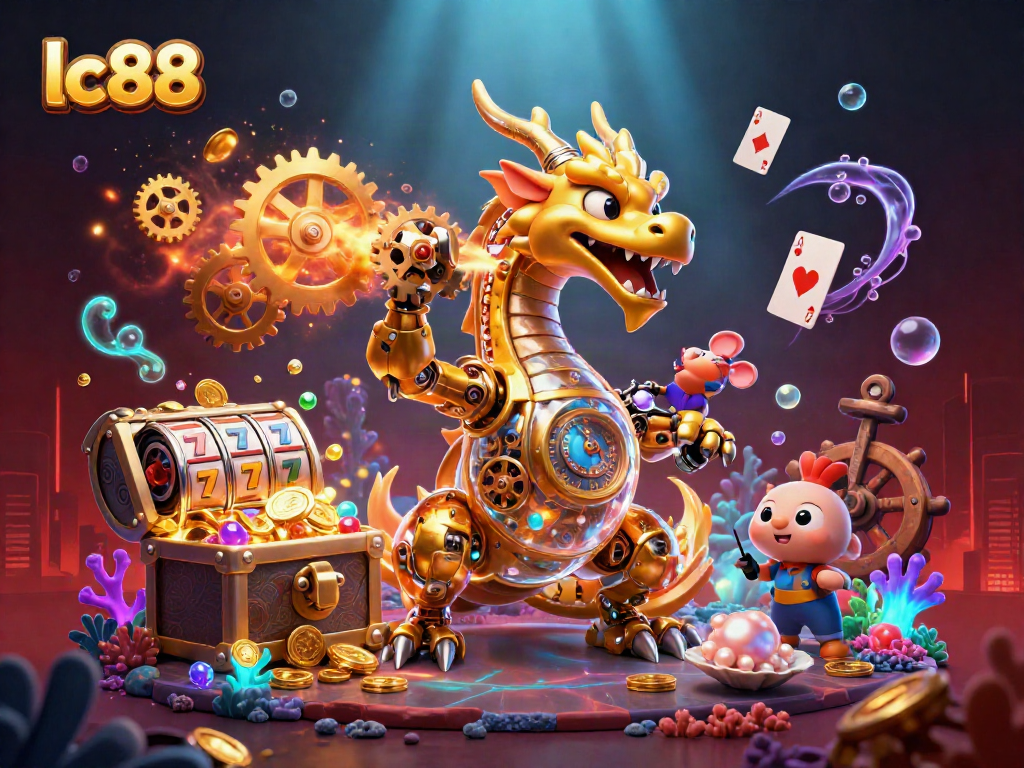Engage with exciting lc88 gaming action featuring a golden dragon and vibrant casino elements.
