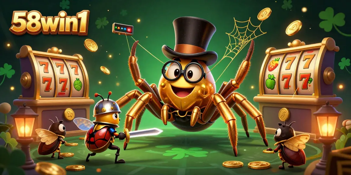 Feel the thrill with 58win1 as a golden tarantula spins a jackpot web in a vibrant casino.