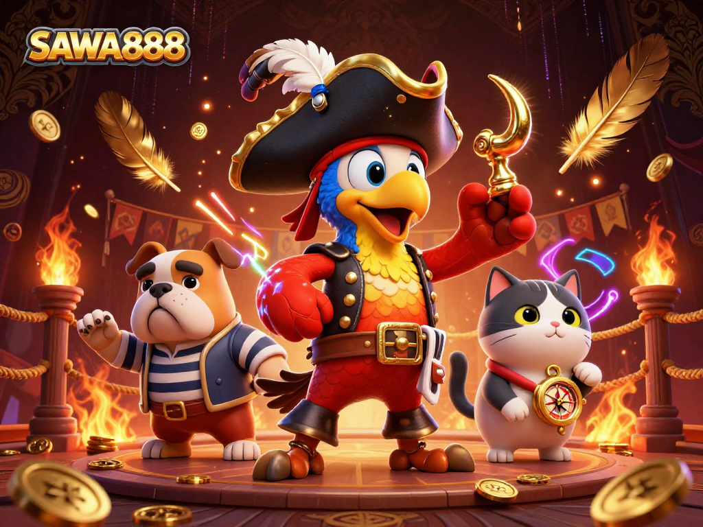 Experience exciting gameplay at SAWA888 with gold coins and pirate-themed characters vying for victory.