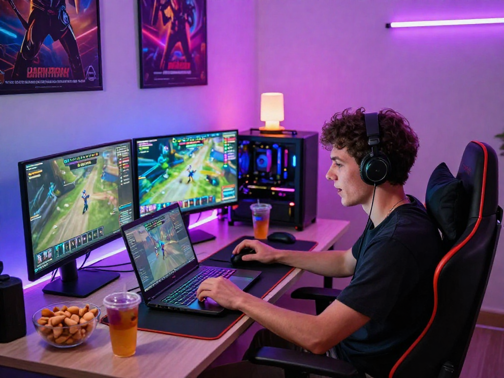 Engaging player enjoying online porn games on a gaming laptop in a vibrant home setup.