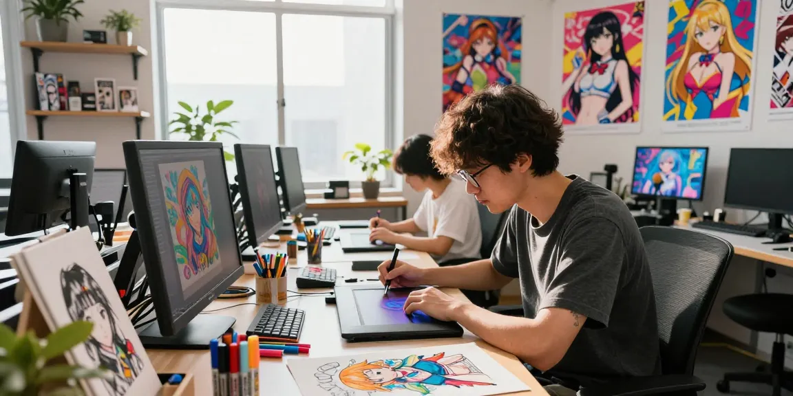 Creative artist designing ecchi AI art in a vibrant studio space, showcasing dynamic illustrations.