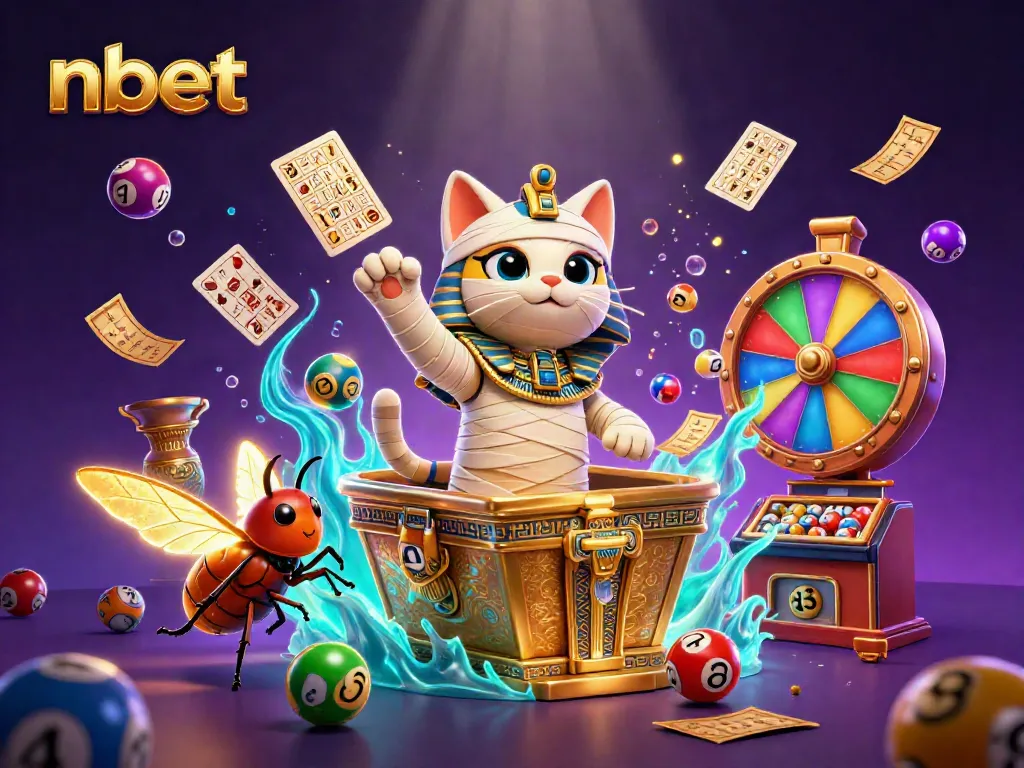 Experience the excitement of nbet with a 3D illustration of a mummy cat casino scene filled with vibrant lottery elements.