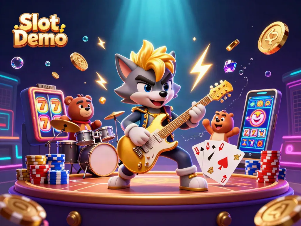 Experience Slot Demo excitement with vibrant slot machines, golden coins, and dynamic characters.