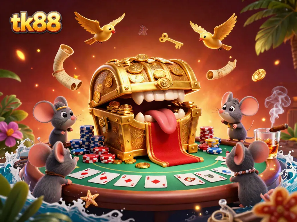 Experience the thrill of tk88 with a captivating 3D treasure chest scene filled with poker and casino elements.