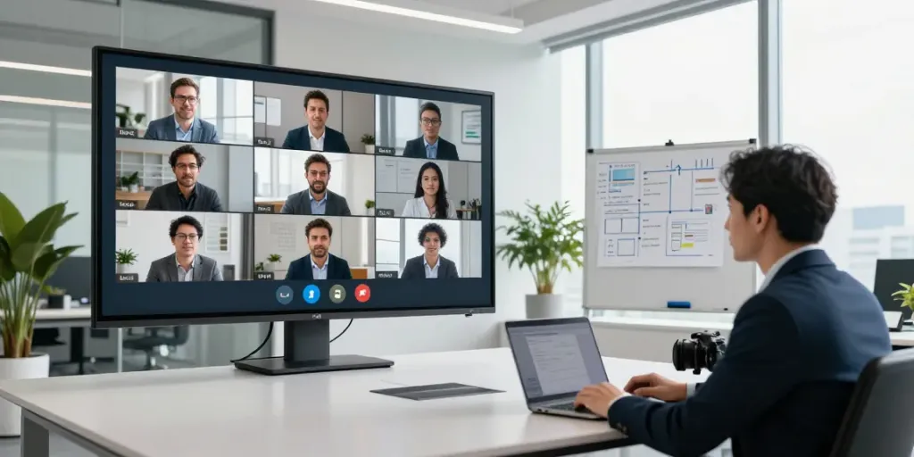 Business professional engaged in a video conference, click to find out more about team collaboration in modern offices.