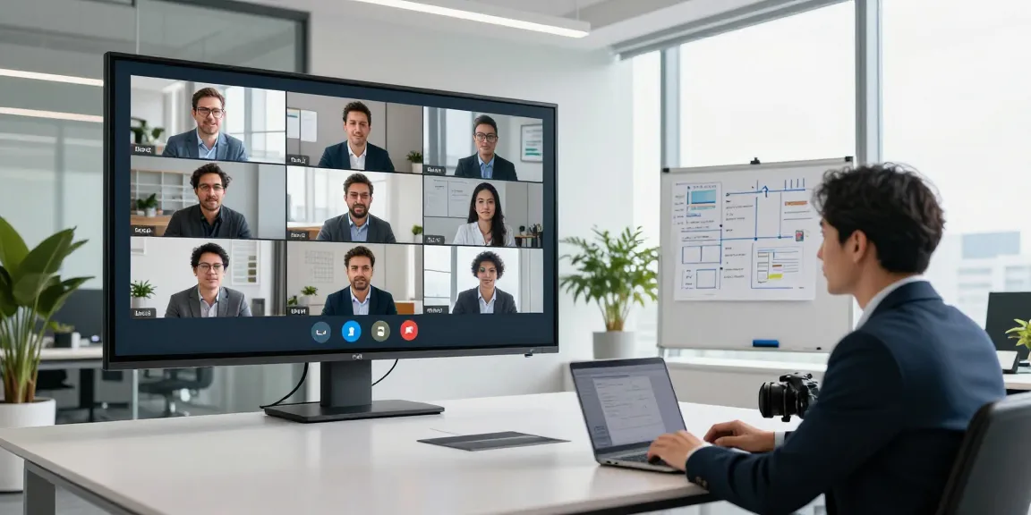 Business professional engaged in a video conference, click to find out more about team collaboration in modern offices.