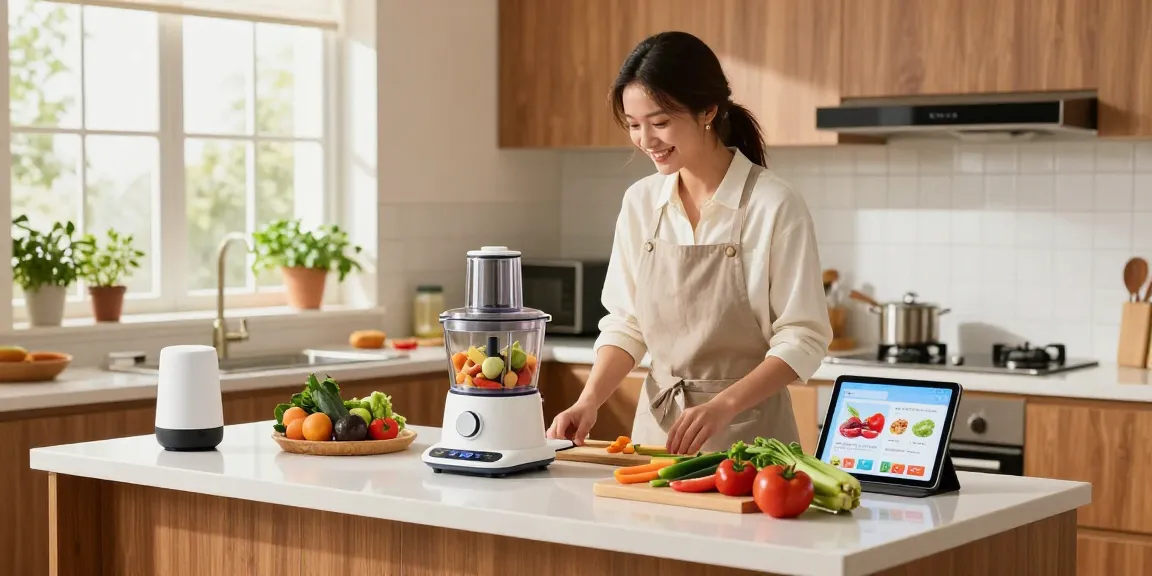 Enthusiastic cook using smart kitchen gadgets including a smart scale and food processor in a bright modern kitchen.