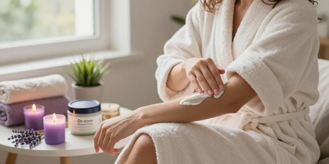 Applying De stress Whipped Body Butter in a serene home spa setting.