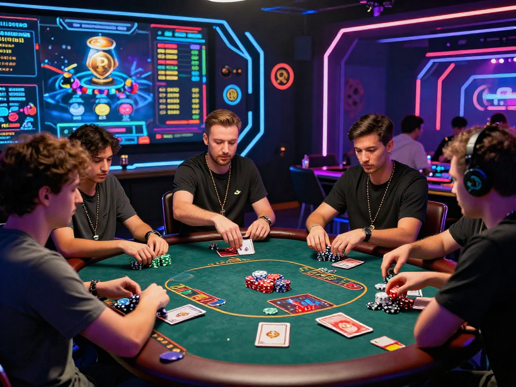Dynamic gaming scene at a crypto casino with virtual poker gameplay and vibrant neon lights.