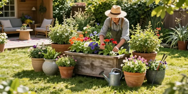 Beautiful outdoor planters UK filled with vibrant flowers in a sunny garden scene.