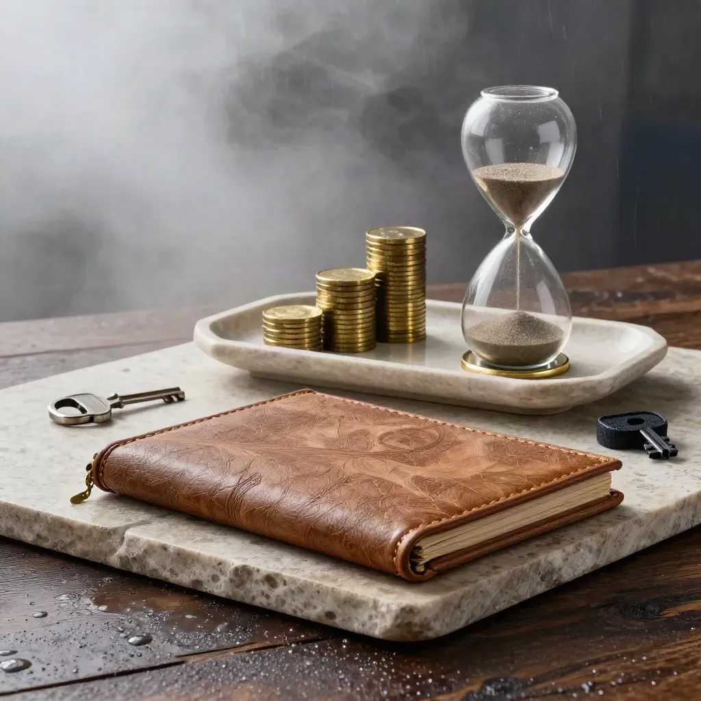 Walnut folio, coin towers, hourglass and house keys on wet stone in moody dawn light.