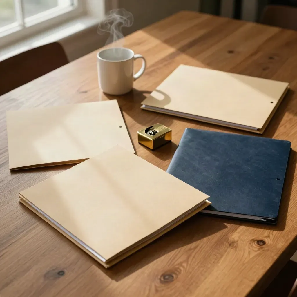 Top-down dining table with pension folders, steam mug, and brass paperweight in warm morning light