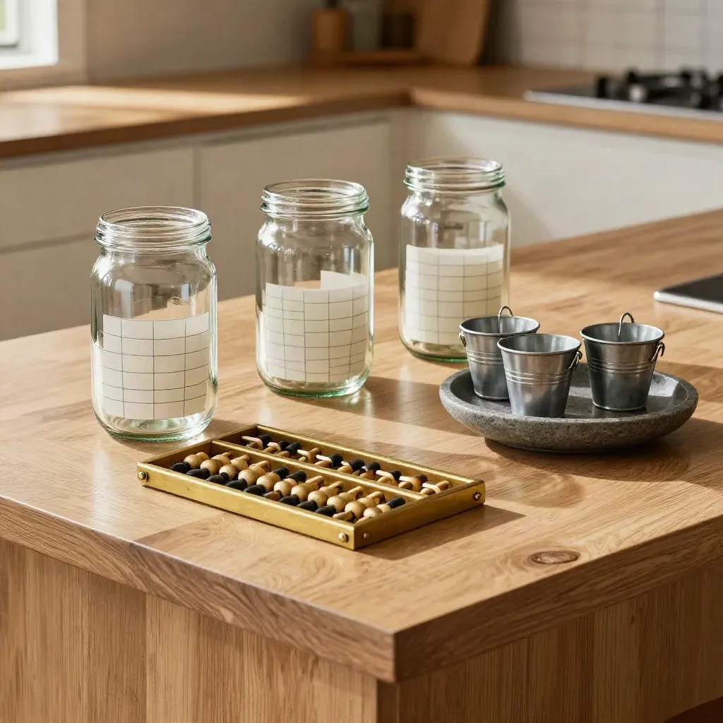 Three glass jars, brass abacus and stone dish on a pale oak kitchen island in bright daylight.