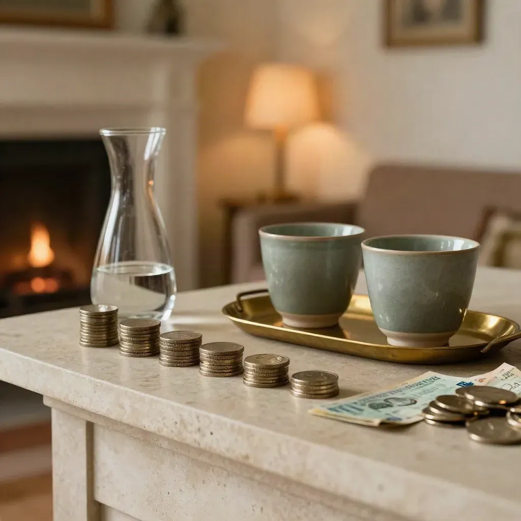Coin stacks and ceramic cups on a mantel in warm evening light, suggesting monthly retirement income.