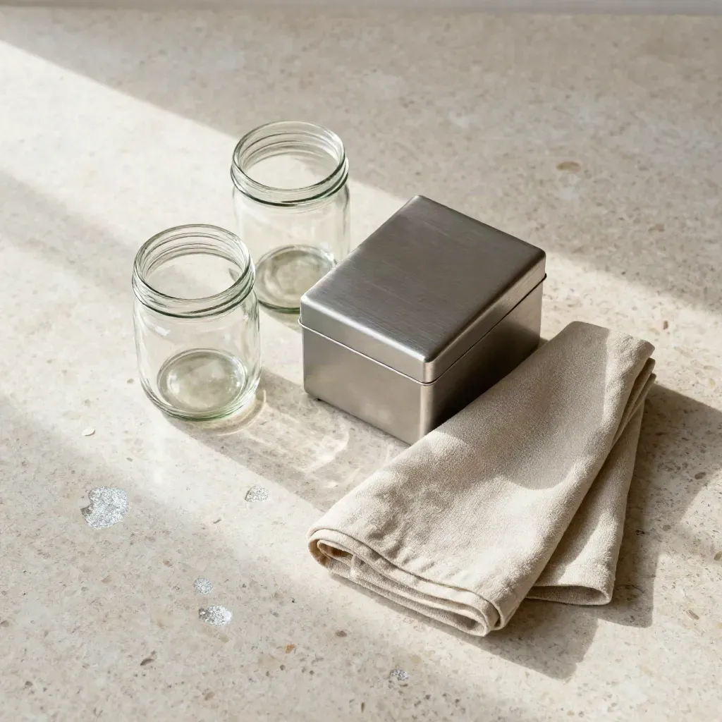 Overhead still life of jars, steel savings box and linen on pale stone with slanting light.