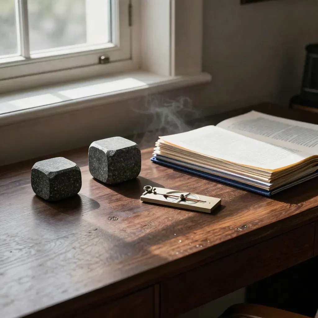 Low-angle photo of rebalance weights, closed folios and a paperweight by an open window.