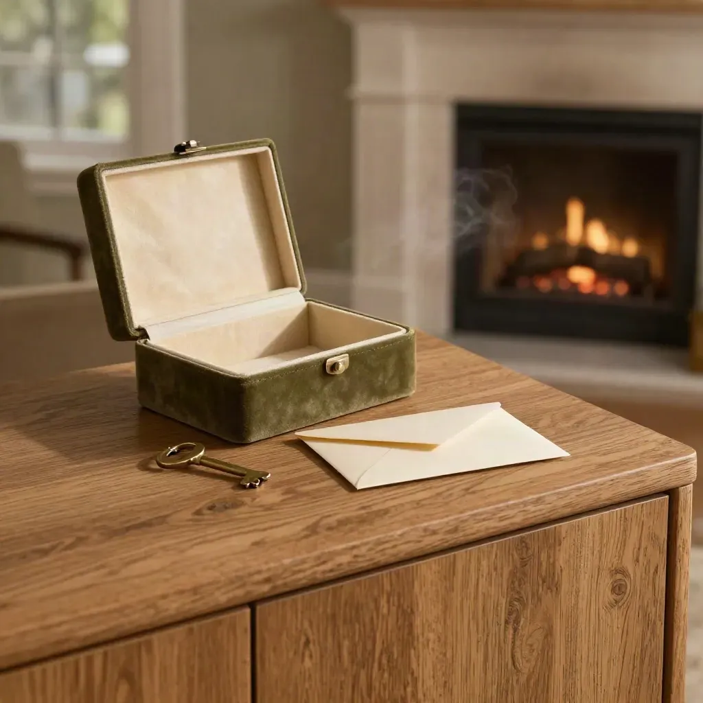 Oak sideboard with keepsake box, brass key and sealed envelopes in warm dusk light