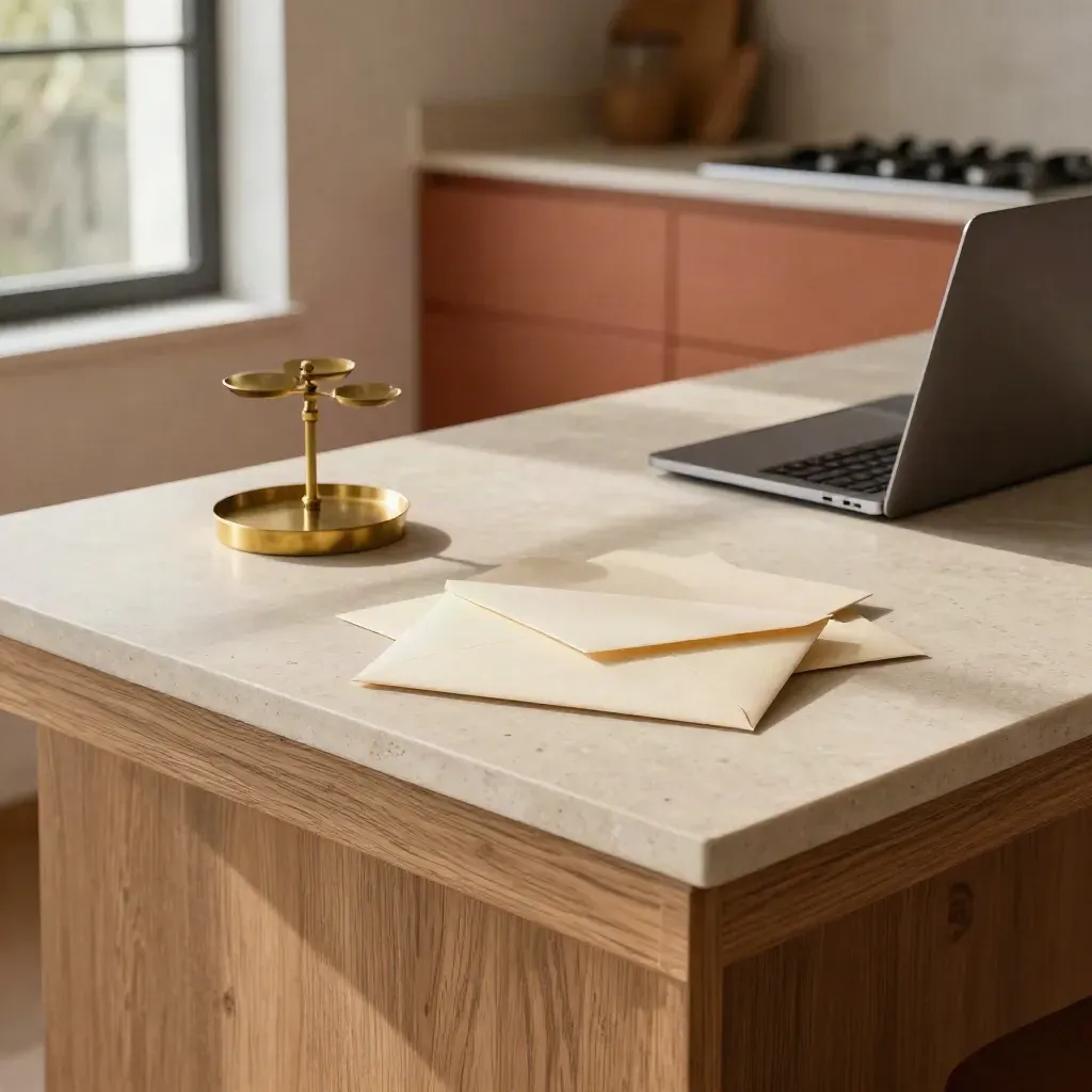 Sunlit kitchen island with brass scale, blank envelopes and a closed laptop in tidy finance zones.