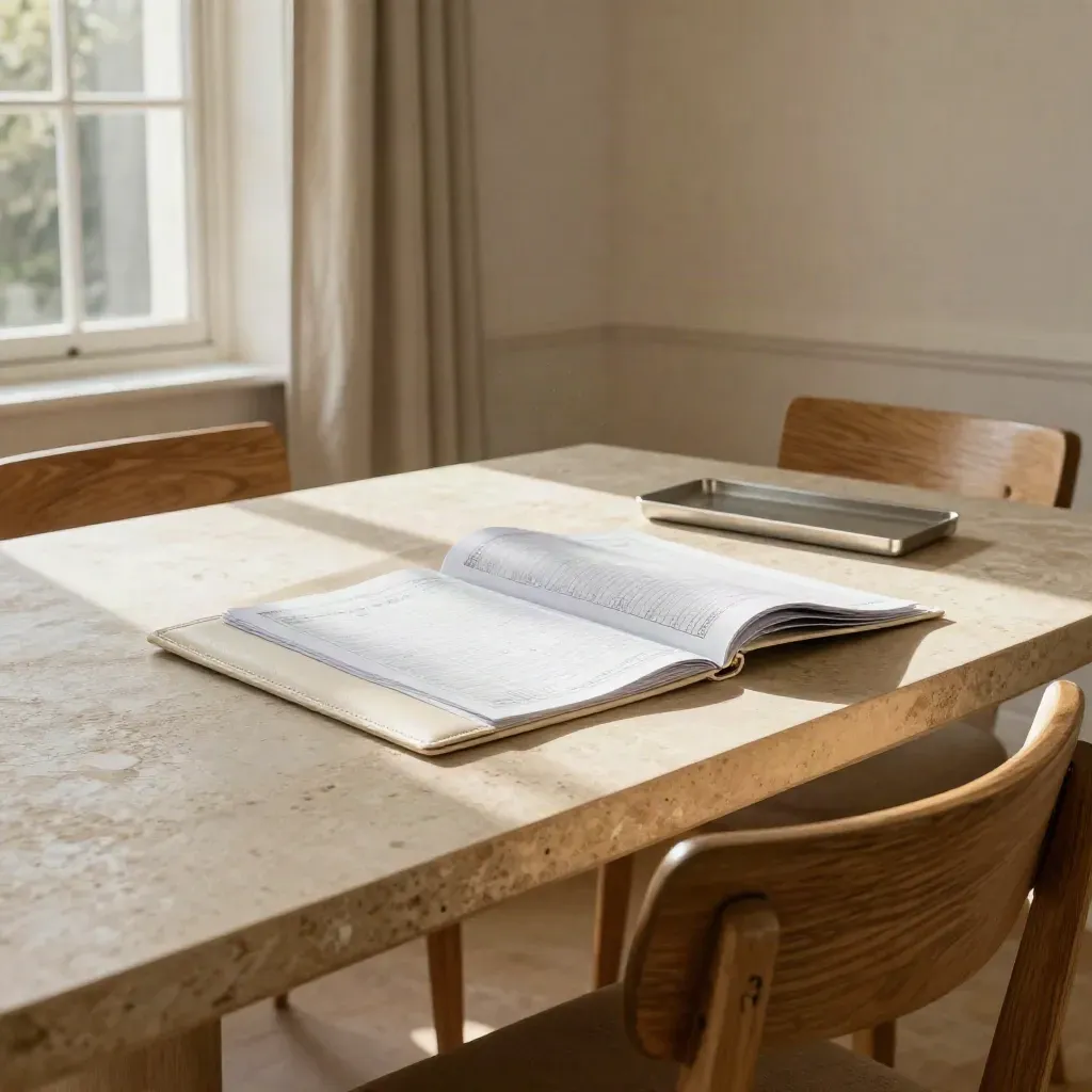 South East dining room with stone table, face-down planning papers, and morning light.