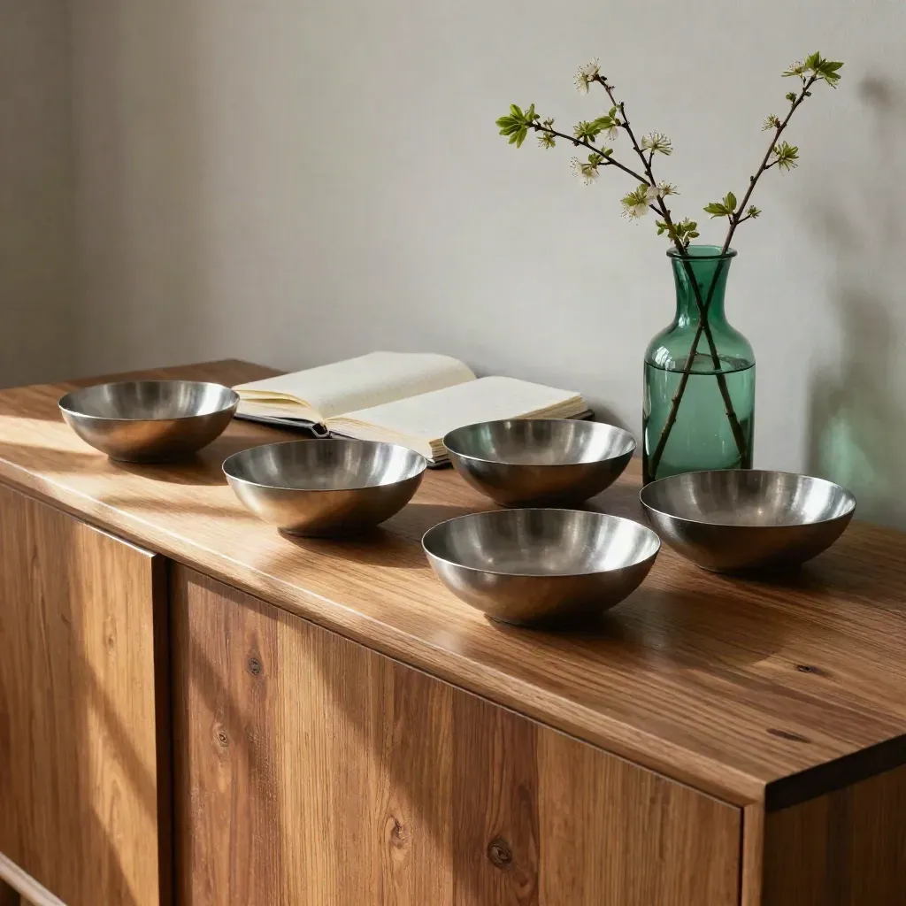 Sideboard with coin bowls, folded planner, and emerald vase in warm spring light
