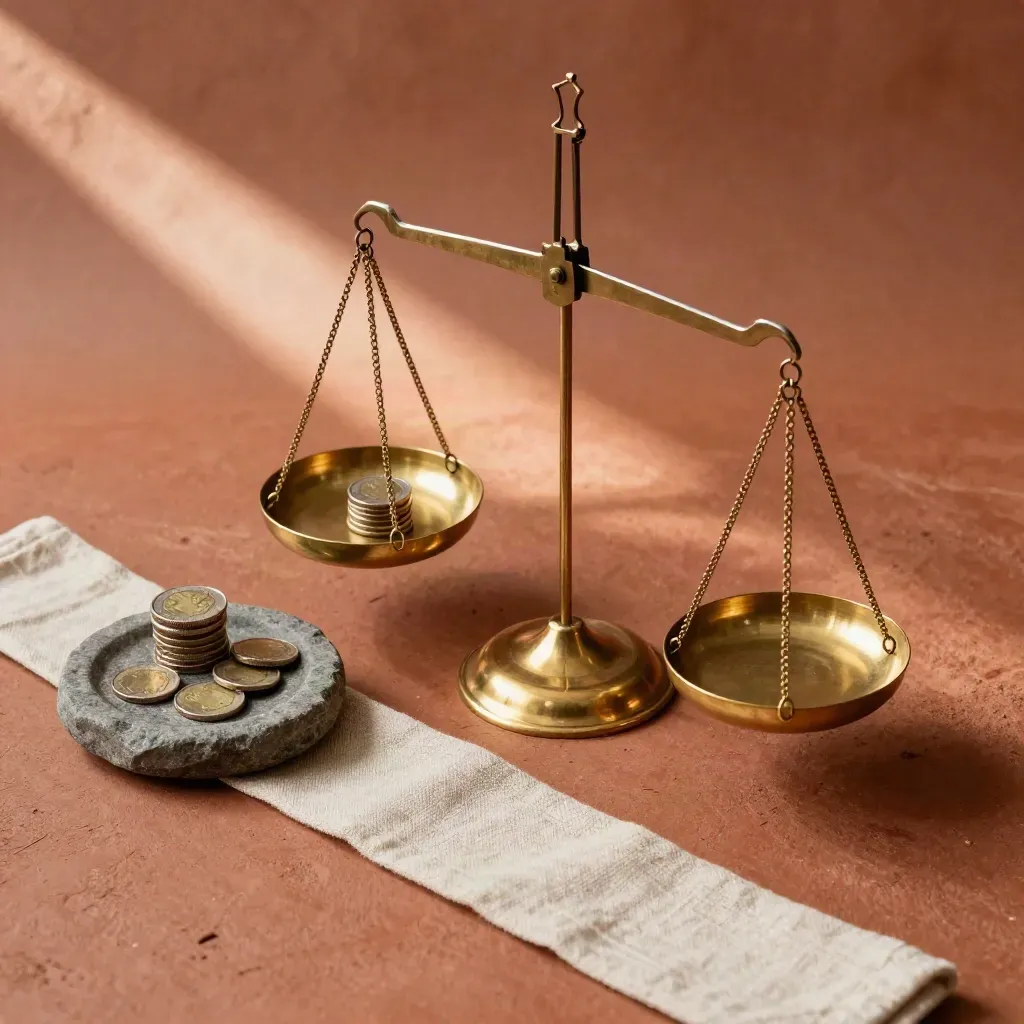 Top-down brass balance scale tipping with coins on a stone dish.