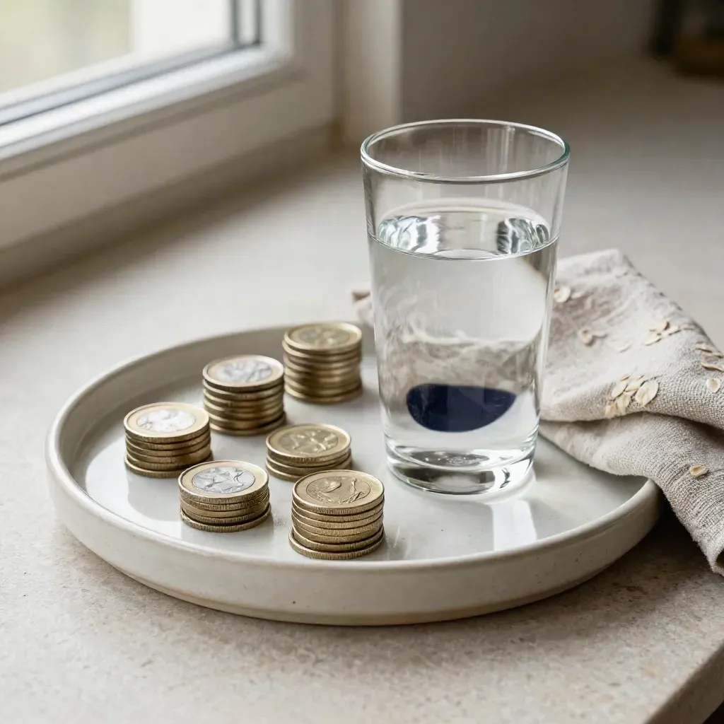 Coin stacks and a glass tumbler on a stone tray with a folded linen cloth in soft light.