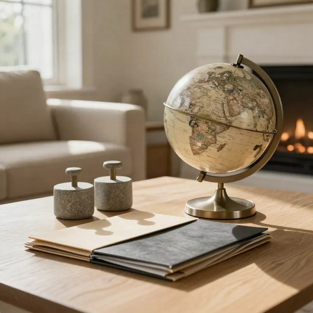 Stone weights, closed folders and a metal globe on a warm sitting-room table in late afternoon.