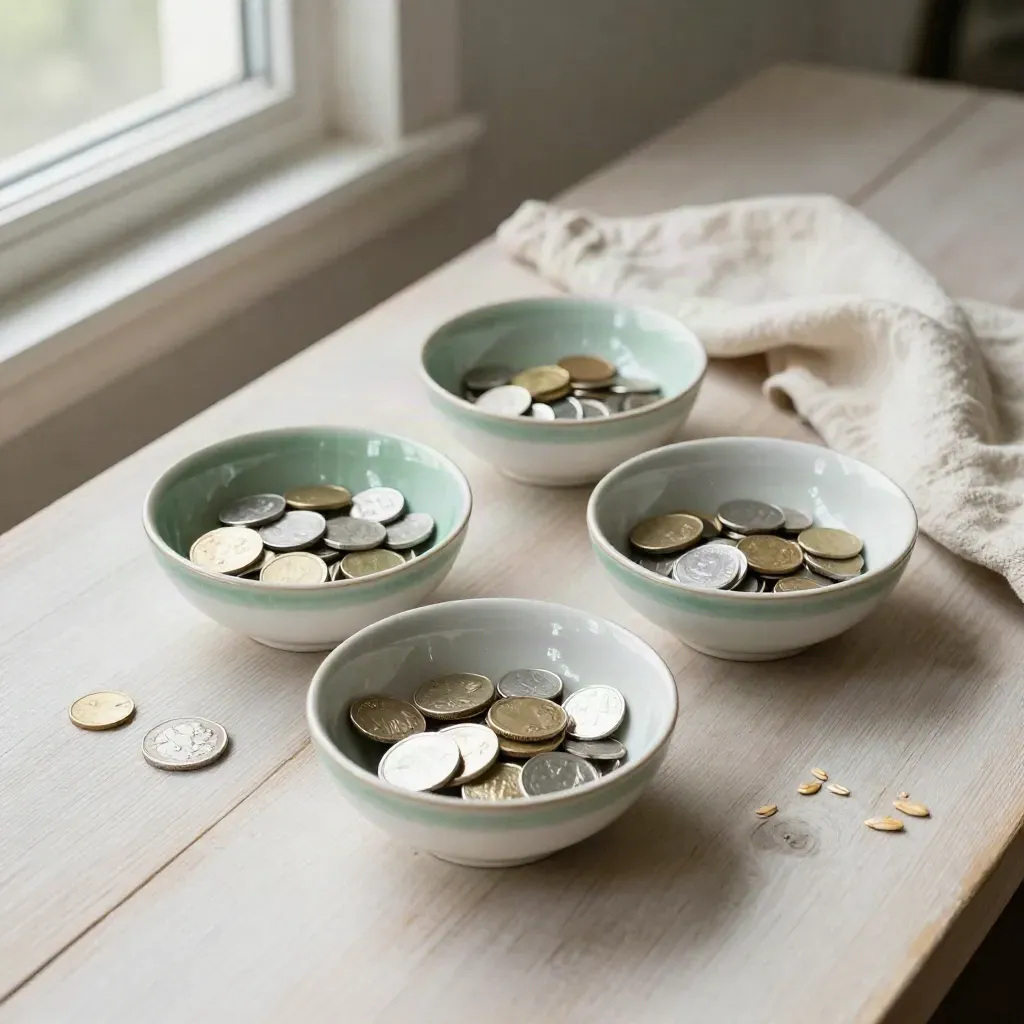 Top-down still life of porcelain bowls, coins and folded linen on pale wood