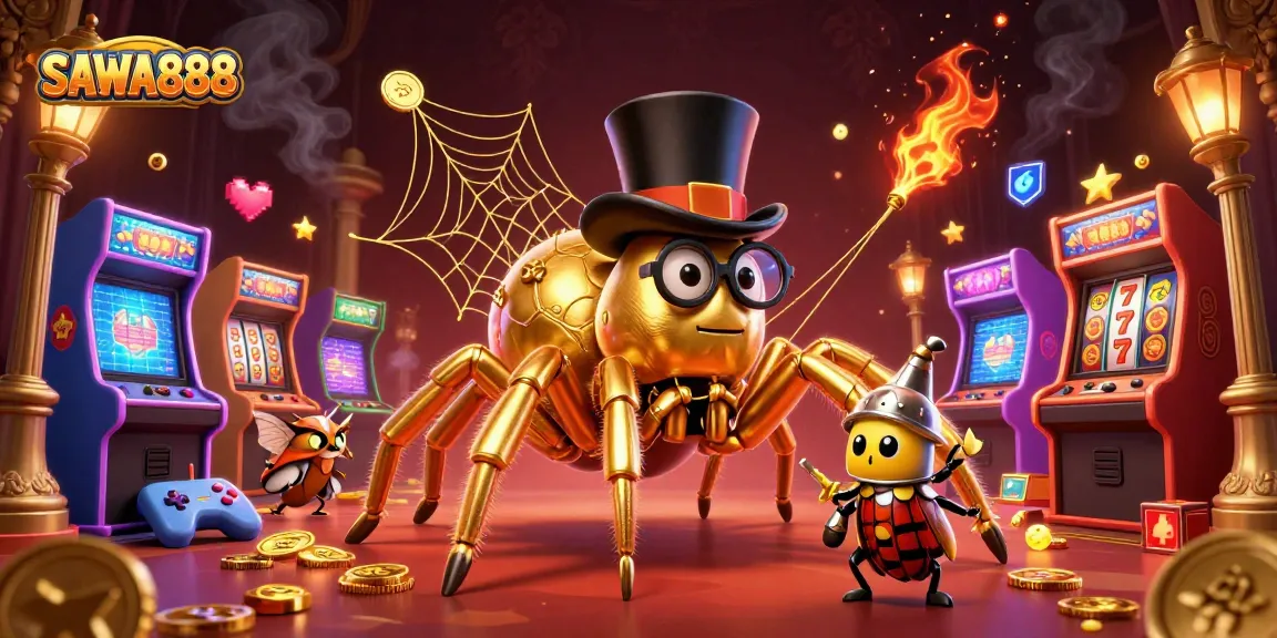Engage with SAWA888's exciting slots scene featuring a giant tarantula and adventurous beetle knight.