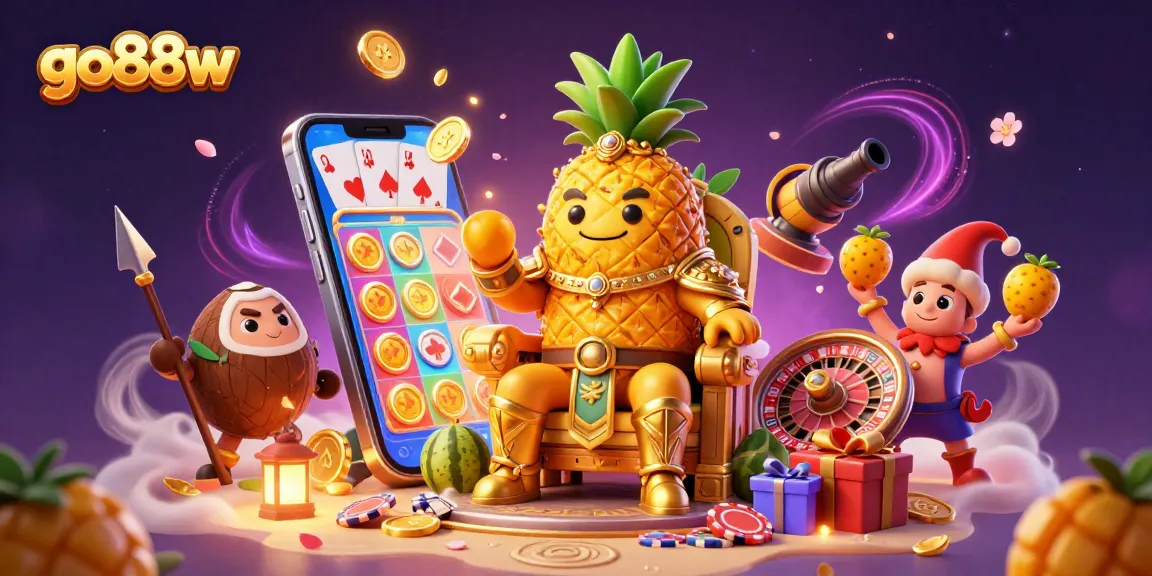 Experience dynamic gameplay with go88w as a golden pineapple king and his jester delight in a vibrant beach casino.