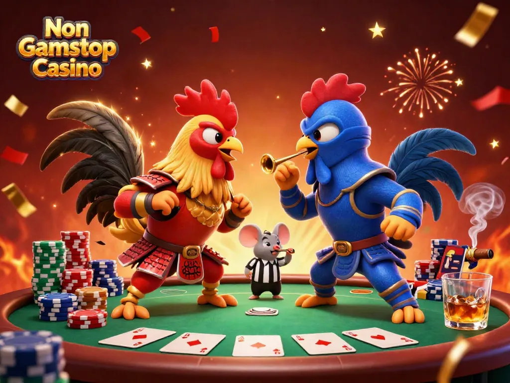 Experience thrilling gameplay at a Non Gamstop Casino with dynamic roosters battling in a poker scene.