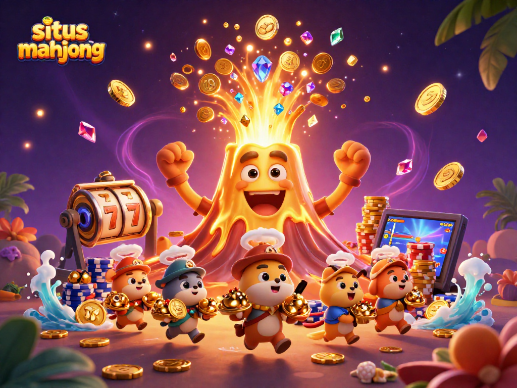Experience winning excitement on situs mahjong with vibrant, crowded scenes of jackpots and treasures.