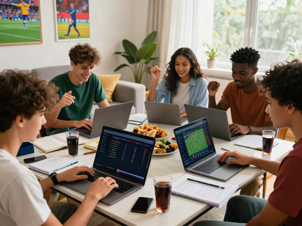 Group enjoying online betting with 11bet app on laptops in a lively living room.