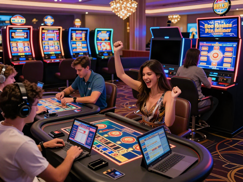 Engaging scene of players at online credit card casinos celebrating wins and strategizing in a vibrant virtual lounge.