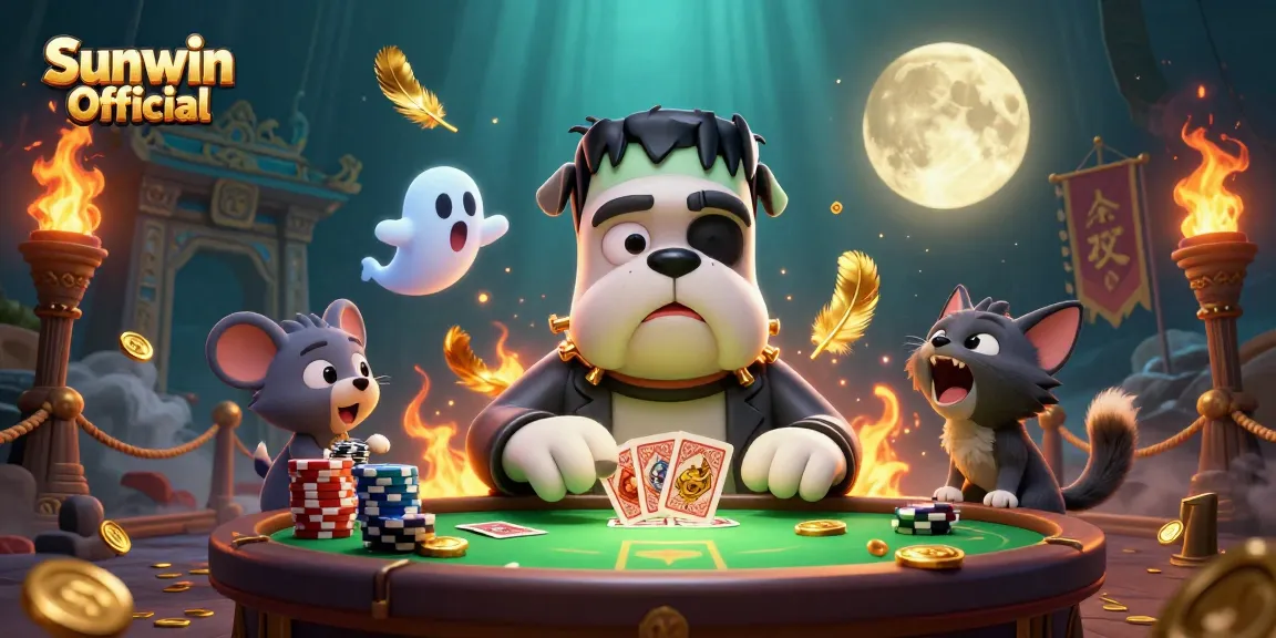 Engaging Sunwin Official scene featuring a Frankenstein bulldog dealer and festive gaming elements.