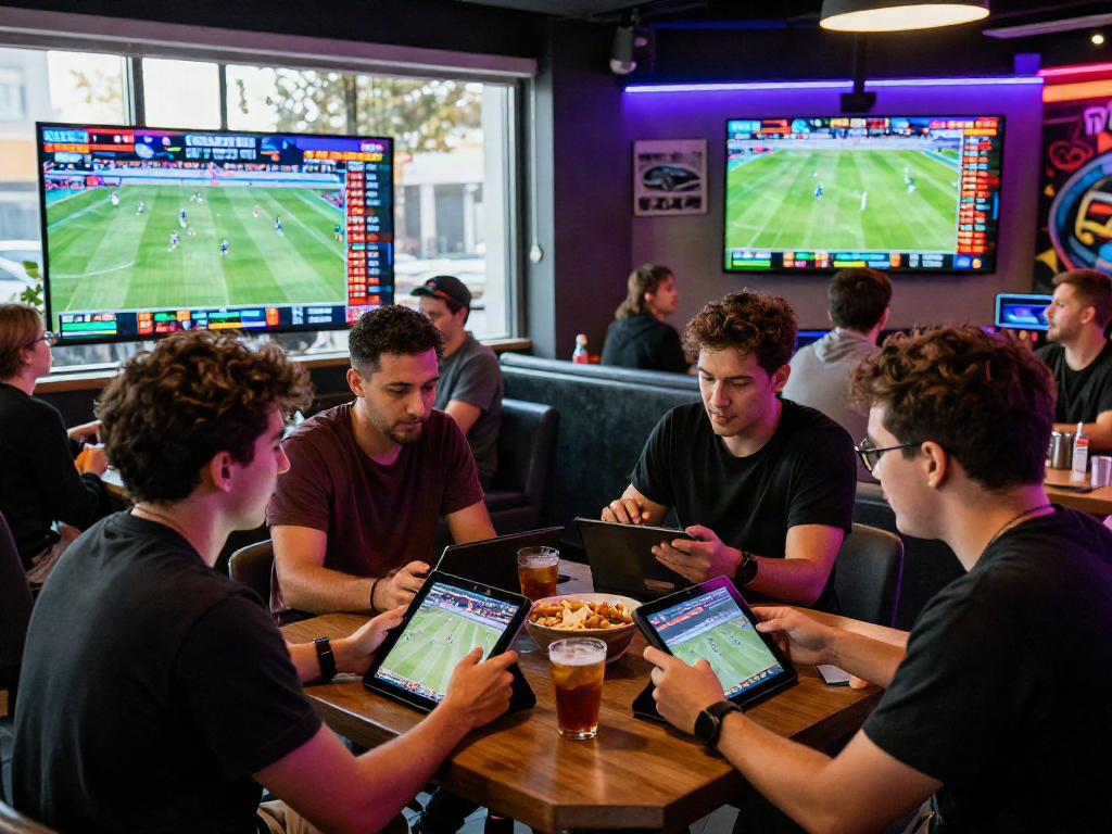 Exciting sports betting scene showcasing 토토사이트 검증 먹튀스팟 with friends analyzing odds.