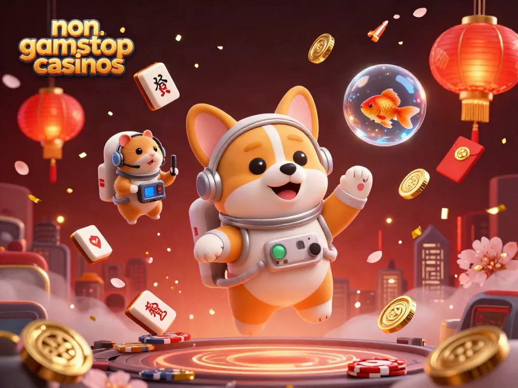 Experience thrilling games in non gamstop casinos as a playful corgi floats in a space-themed casino.