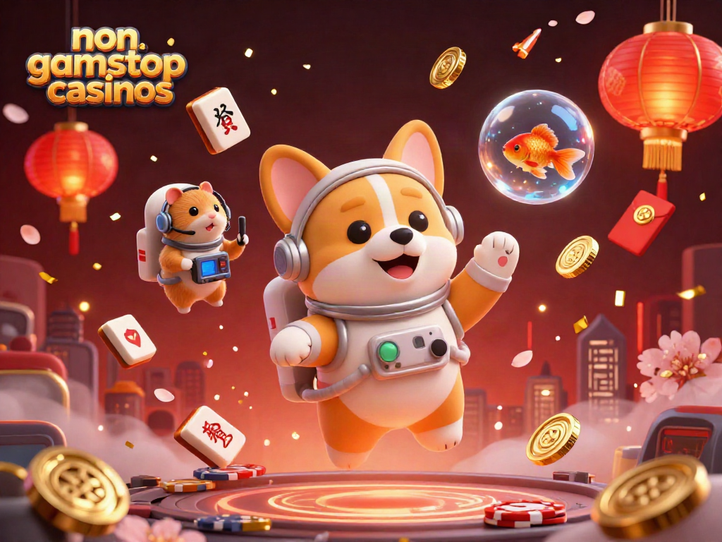 Experience thrilling games in non gamstop casinos as a playful corgi floats in a space-themed casino.