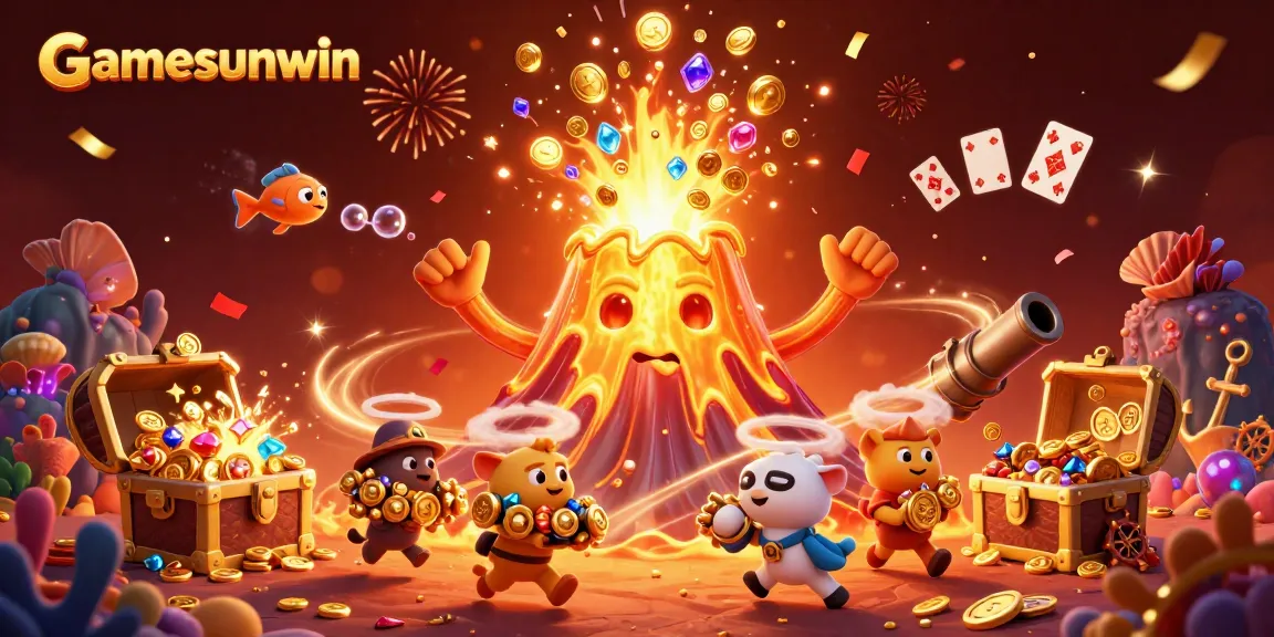 Experience the thrill of gamesunwin with coins erupting from a golden volcano in this vibrant casino scene.