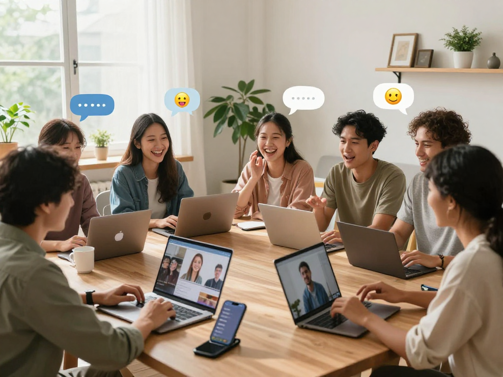 Diverse users enjoying engaging sex chat AI interactions in cozy home settings, communicating with avatars.