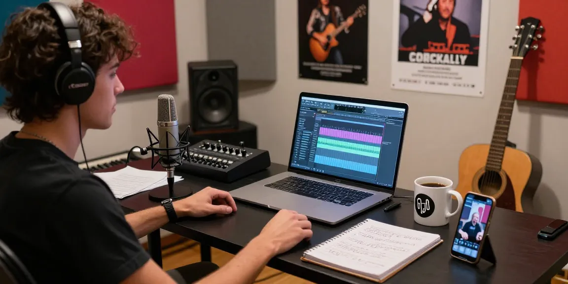 Independent artist engaging in digital music sales while recording in a vibrant home studio.